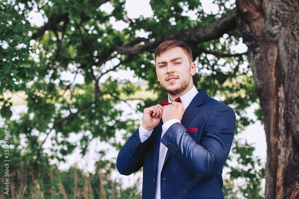 The bridegroom on the wedding day is standing in nature and holding on to the bowtie The bridegroom on the wedding day is standing in nature and holding on to the bowtie