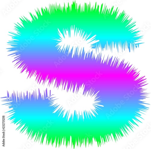 fuzzy green, blue and purple uppercase letter S