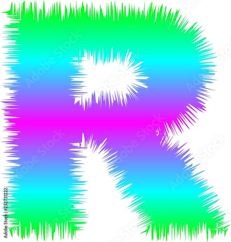 fuzzy green, blue and purple uppercase letter R