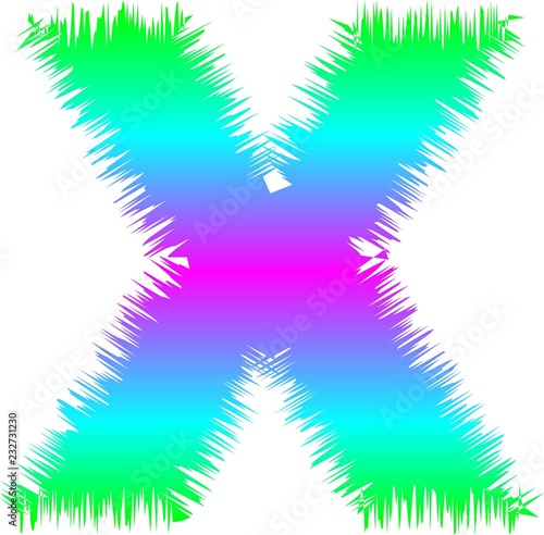 fuzzy green, blue and purple uppercase letter X