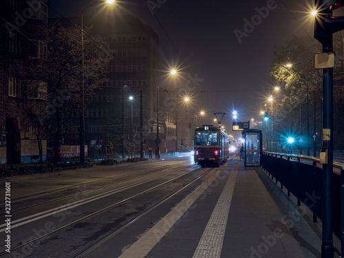 Night time tram stop waiting for passengers