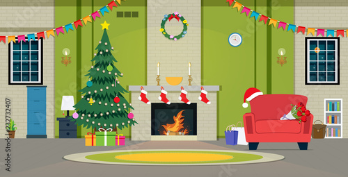 Christmas party in the living room with fireplace.