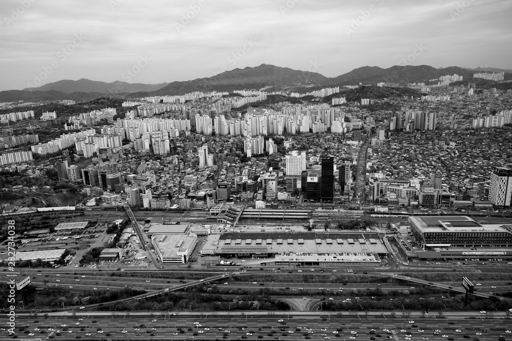 Seoul from above in black and white