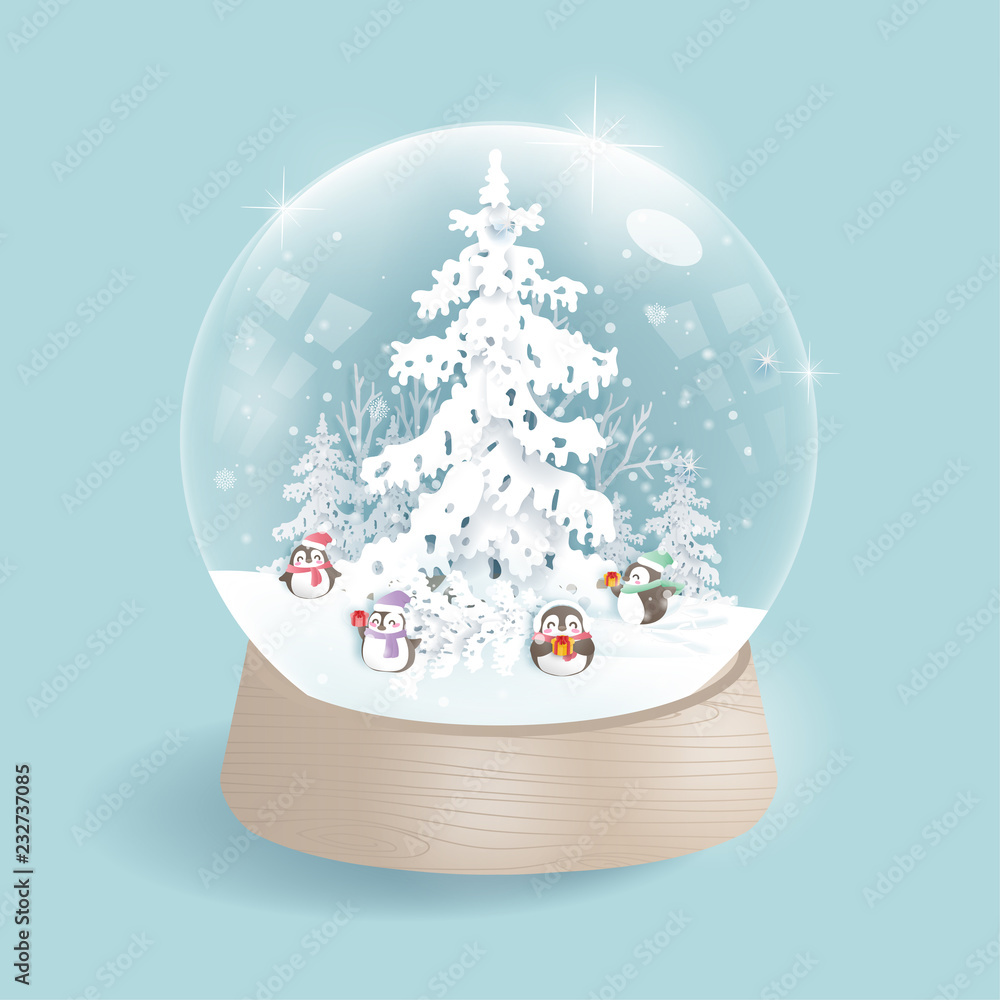 Cute penguin in a snow globe for Christmas card celebration. Vector