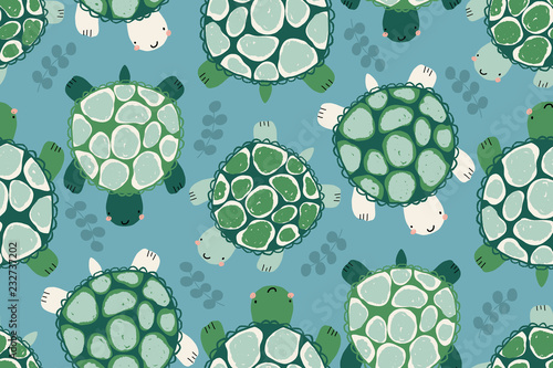 vector swimming turtles, cute seamless repeat pattern background