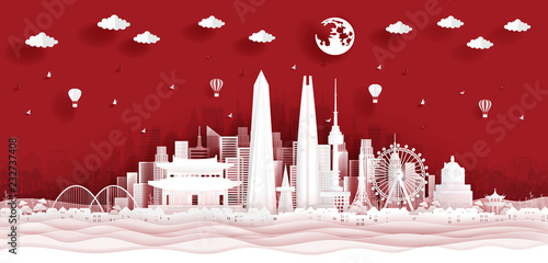 Panorama postcard and travel poster of world famous landmarks of South Korea in paper cut style vector illustration