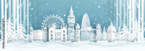 Panorama postcard and travel poster of world famous landmarks of London ,England in winter season in paper cut style vector illustration