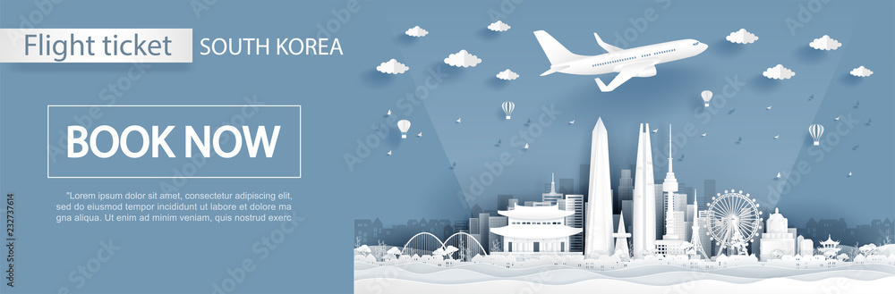 Flight and ticket advertising template with travel to South Korea concept, Taipei famous landmarks in paper cut style vector illustration