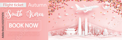 Flight and ticket advertising template with travel to Seoul, South Korea  in autumn season with falling maple leaves and  famous landmarks in paper cut style vector illustration