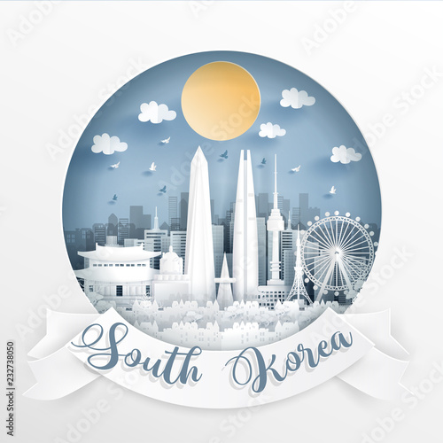 World famous landmark of South Korea with white frame and label. Travel postcard and poster, brochure, advertising Vector illustration.