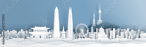 Panorama of South Korea with world famous landmarks in paper cut style vector illustration
