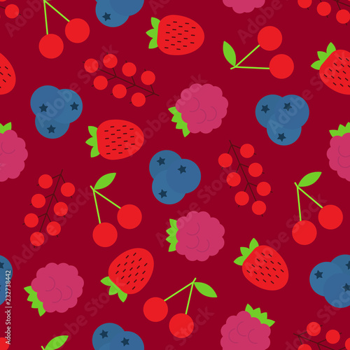Vector seamless pattern of assorted berries such as strawberry, cherry, bilberry, raspberry and currant.