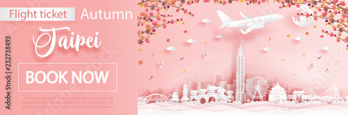 Flight and ticket advertising template with travel to Taipei in autumn season with falling maple leaves and Taipei famous landmarks in paper cut style vector illustration