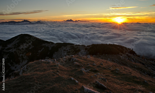 Beautiful sunrise with fog in the mountains