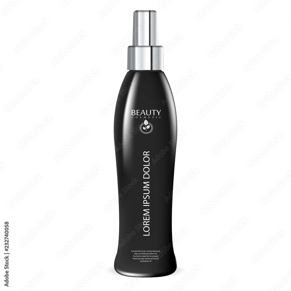 Black hair protection spray cosmetic bottle mockup. Cosmetics packaging for foam, oil, hair spray, moisturizing, protection liquid. Realistic vector illustration. Black hair protection spray cosmetic bottle mockup. Cosmetics packaging for foam, oil, hair spray, moisturizing, protection liquid. Realistic vector illustration.