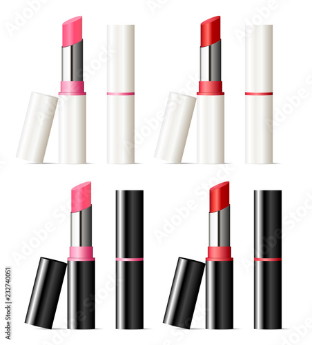 Lipstick mockup set with black and white shell. Beautiful cosmetic products with pink and red color sticks. Realistic 3d illustration design.