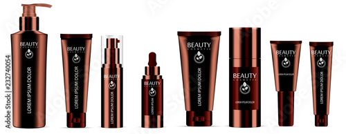 Luxury brown 8 pcs. cosmetics bottle set: dispenser, dropper, cream tubes, deodorant. Vector cosmetic mockup package design. Sample label and logo included.