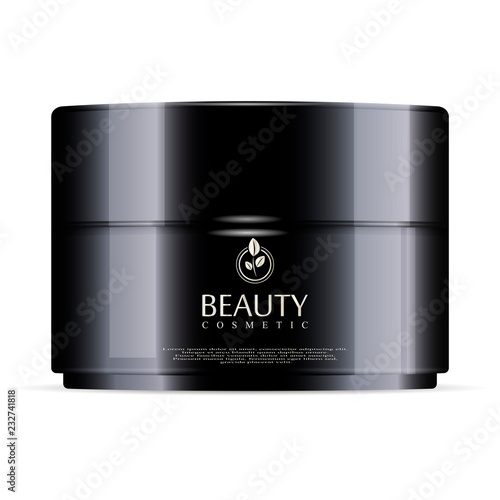 Round black plastic jar with black glossy lid for cosmetics - body cream, gel, butter, bath salt, skin care, powder. Realistic packaging mockup template. Vector illustration.