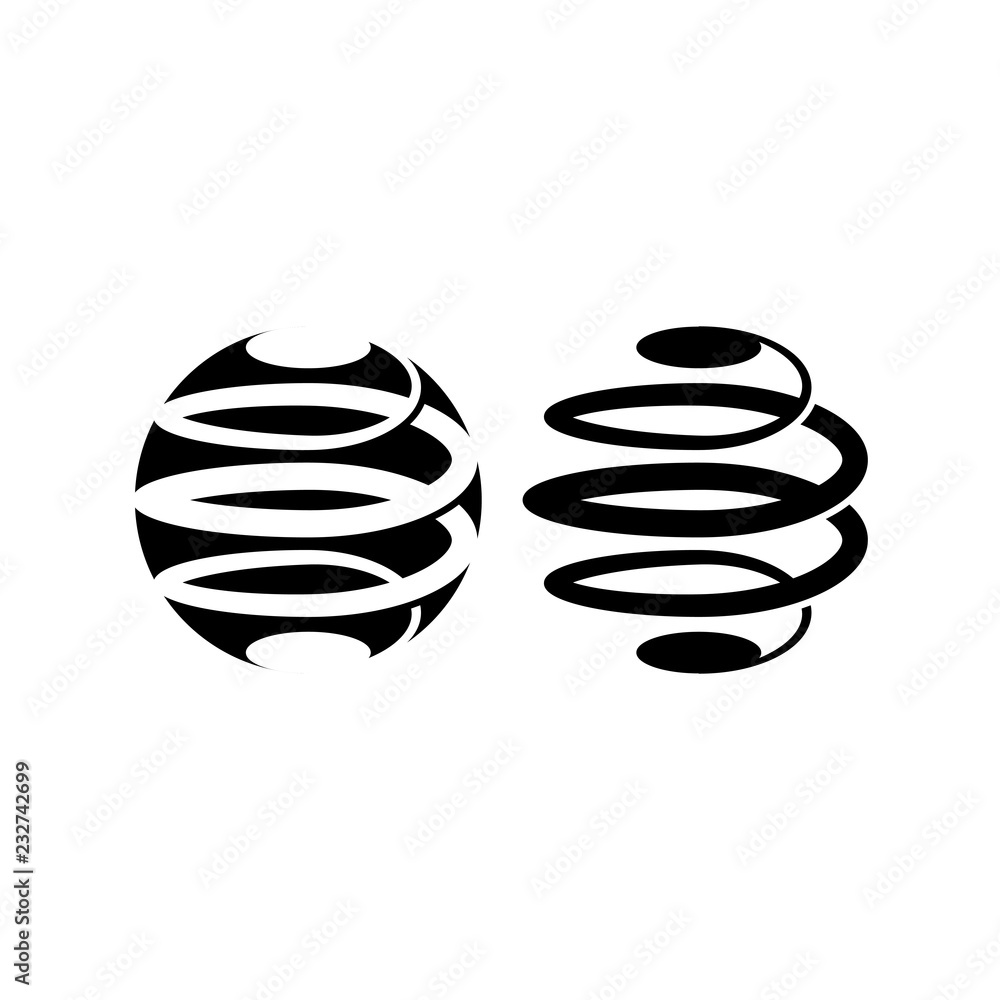 Intertwine in a spiral logo structure the black and white spherical shape, abstract circle logotype for technology company, tech icon mockup
