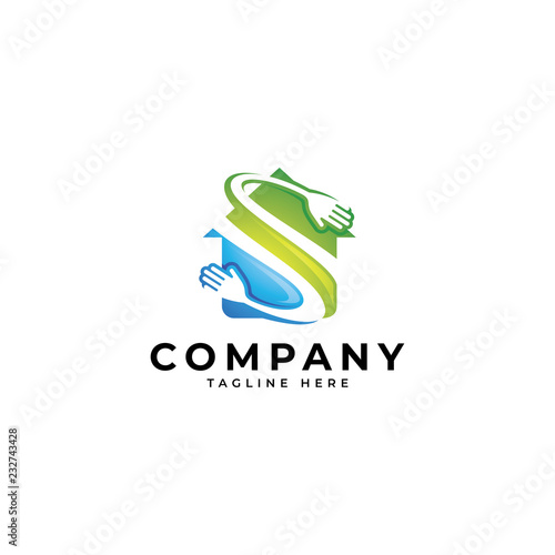 Colorful building home house and care hand icon logo