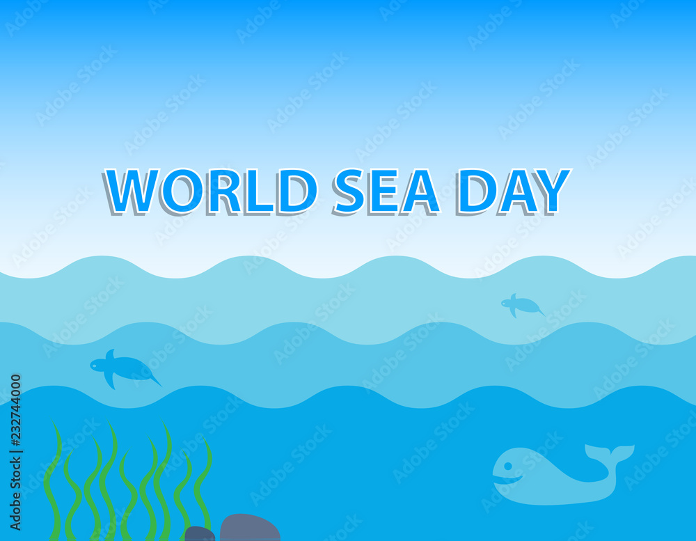 Naklejka premium World Sea Day concept with whale and turtle under blue ocean