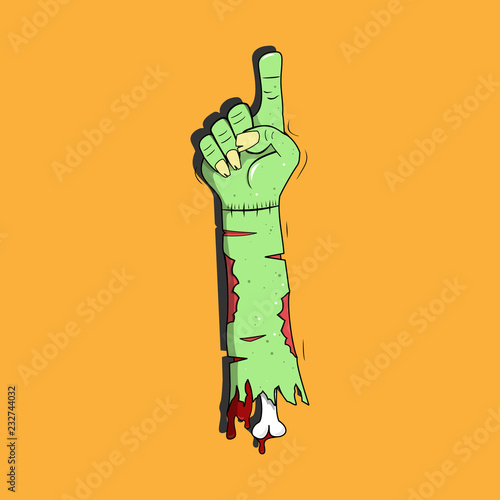 Zombie raise hand and show vote with point finger in cartoon green zombie style