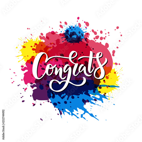 Congrats hand lettering text with watercolor blots effect as  badge and icon, card, invitation, poster, banner template. Typography. Vector illustration.