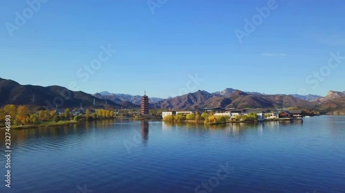  Drone footage of the Yanqi Lake holiday resort, Beijing, China