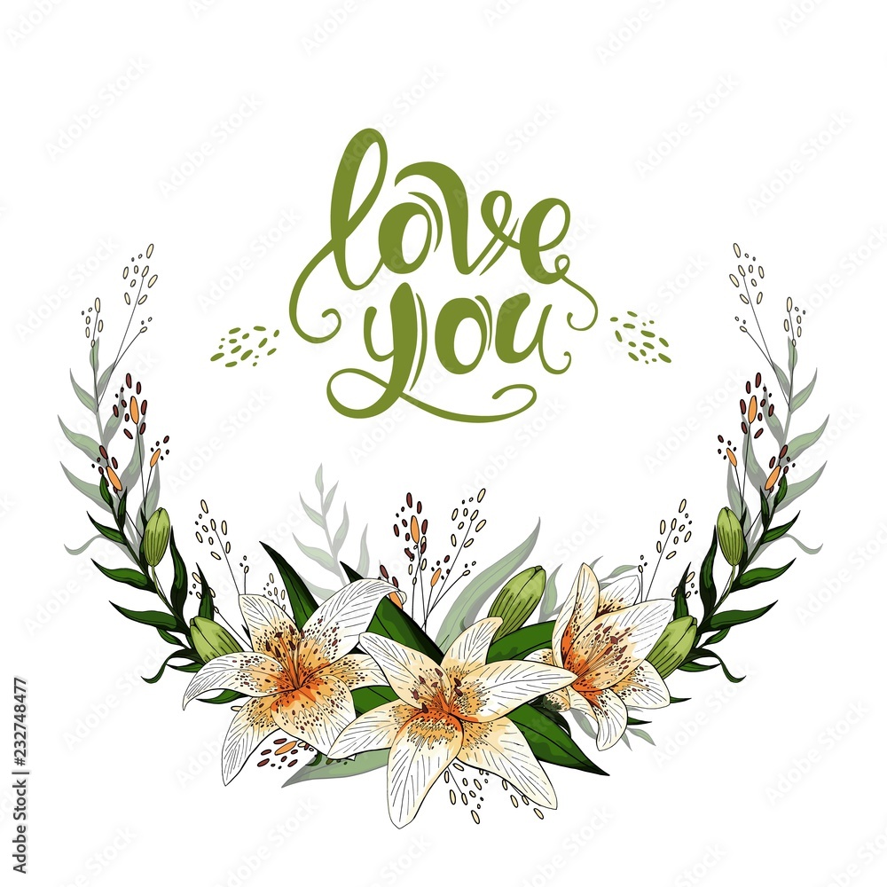 Love you postcard half wreath with lily flowers and lettering