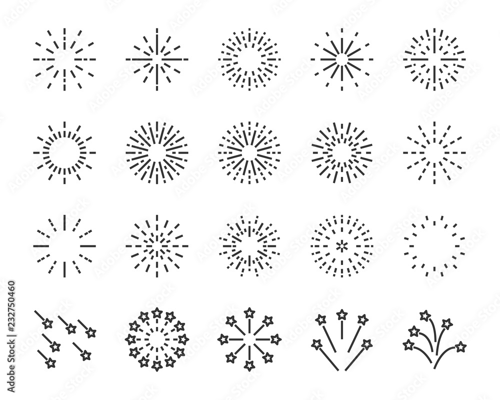 firework line icon set, happy new year firework firework line icon set, happy new year firework