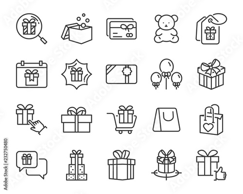 set of gift box line icons, christmas and happy new year gift