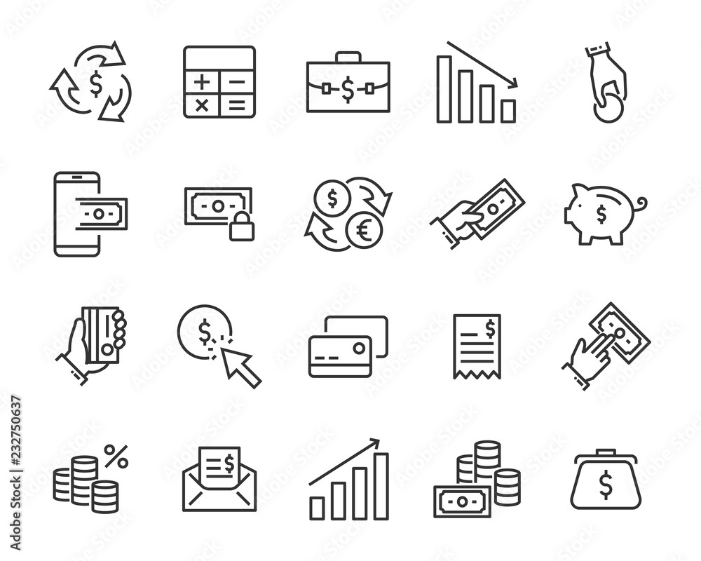 set of money line icons, such as currency, finance, digital, percent set of money line icons, such as currency, finance, digital, percent