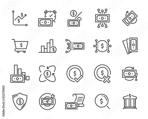 set of money line icons, such as currency, finance, digital, percent