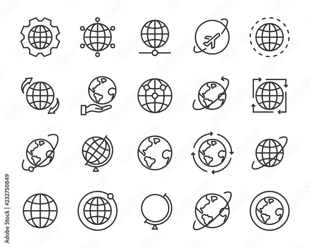 set of world map vector line icons, such as map, way, globe set of world map vector line icons, such as map, way, globe