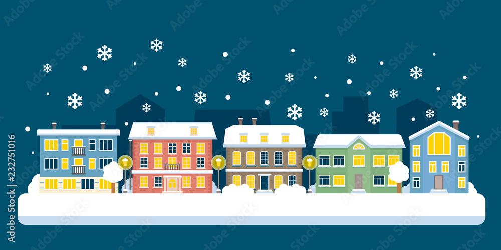 Winter night city snowy landscape. Vector illustration