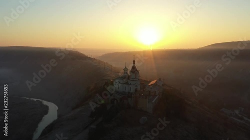 Republic of Moldova Old Orhei Monastery and Butuceni Village aerial view at sunrise