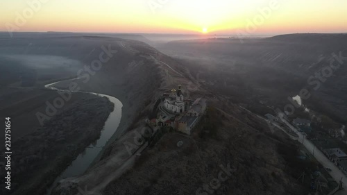 Republic of Moldova Old Orhei Monastery and Butuceni Village aerial view at sunrise