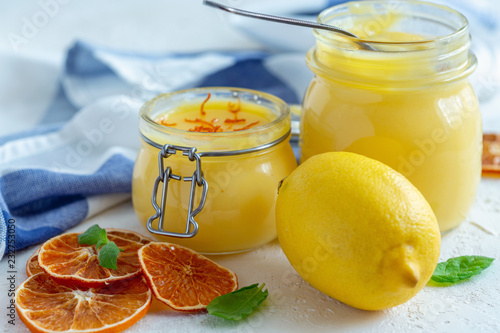 Lemon fruit and lemon custard in jars.