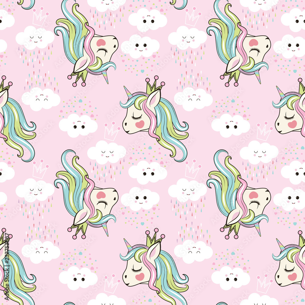 pink unicorn with clouds pattern vector
