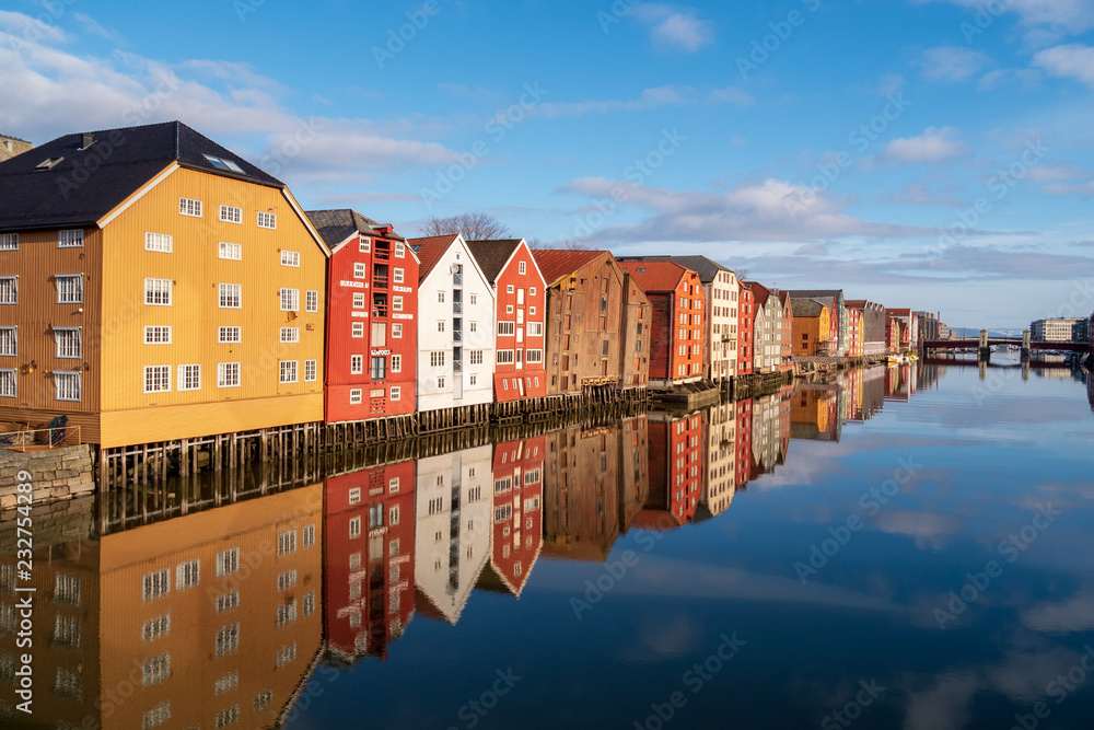 Norway colored hourses in Trondheim during winter with blue sky