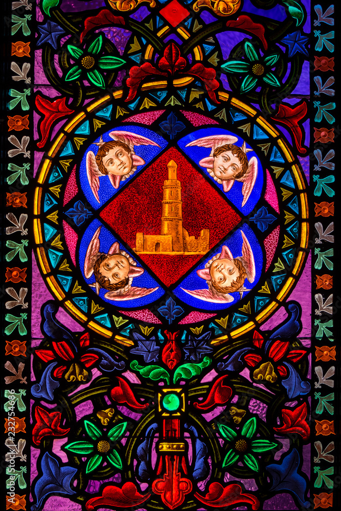 Stained glass window, Montserrat monastery on mountain in Barcelona, Catalonia.