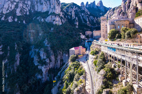 Cremallera train, Montserrat monastery on mountain in Barcelona, Catalonia.
