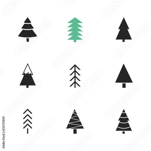 Set of Christmas trees icons. Black symbol of several fir-tree, isolated on white background. Simple design. Vector illustration.