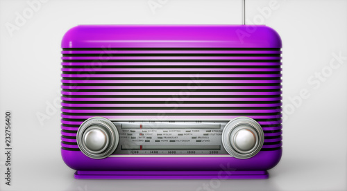 Purple vintage radio receiver on empty background 3d illustration