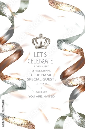 Elegand sparkling background with sparkling ribbons and flying confetti. Vector illustration