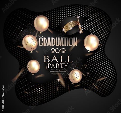 Graduation party 2019 invitation card with textured halftone effect background, air balloons . Vector illustration