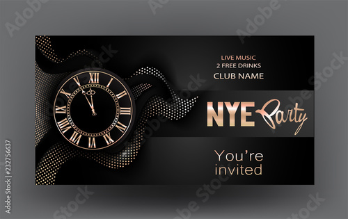 New year eve party banner with golden clock and abstract design elements. Vector illustration