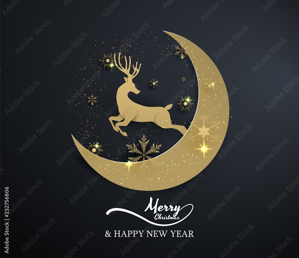 gold reindeer jump from moon on black background,merry christmas ,happy new year. gold reindeer jump from moon on black background,merry christmas ,happy new year.