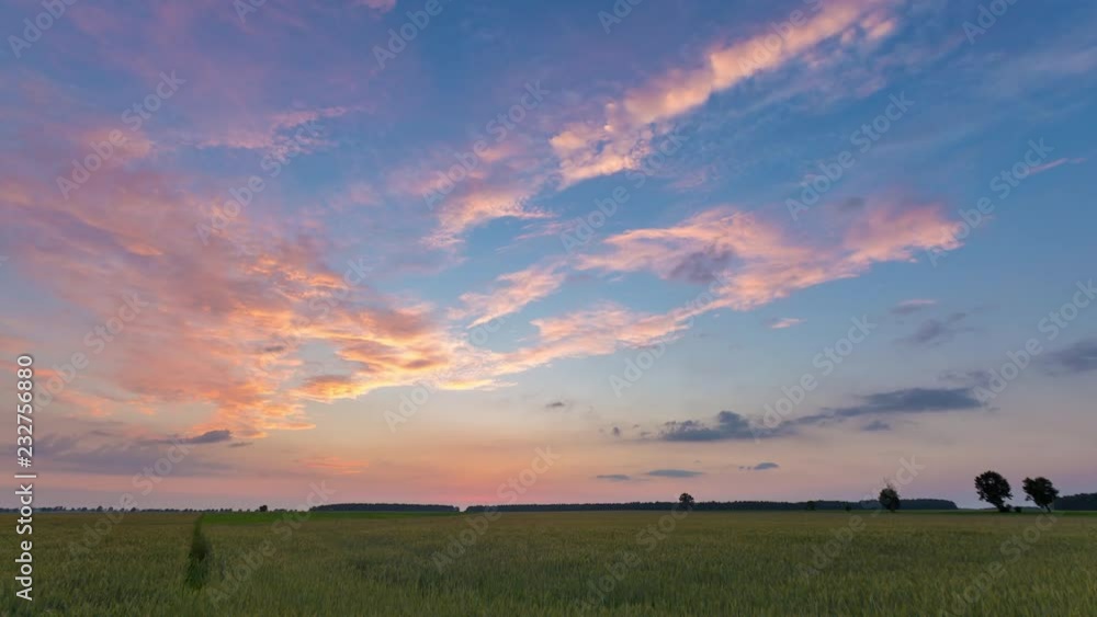 4k timelapse of late evening orange sky with cirrus clouds. After sunset sky. 