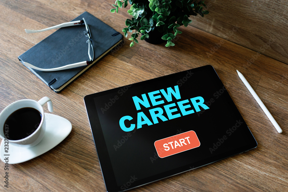 Start new career button on device screen. Recruitment and personal development concept. Start new career button on device screen. Recruitment and personal development concept.